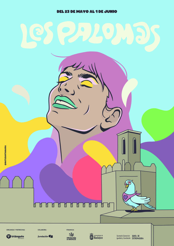 cartel del festival de Los Palomos 2024. Una chica sonriente con un edificio delante con un pájaro